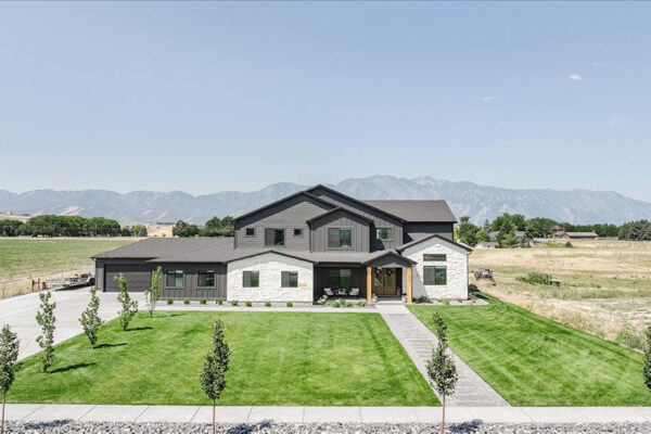 Aerial view of front of custom built home and yard by KJ Builders in Boise Idaho