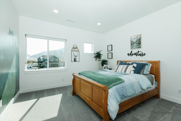 bedroom with view of mountains in custom built home in Boise Idaho