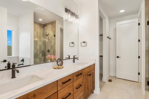 Custom built home master bathroom angled view