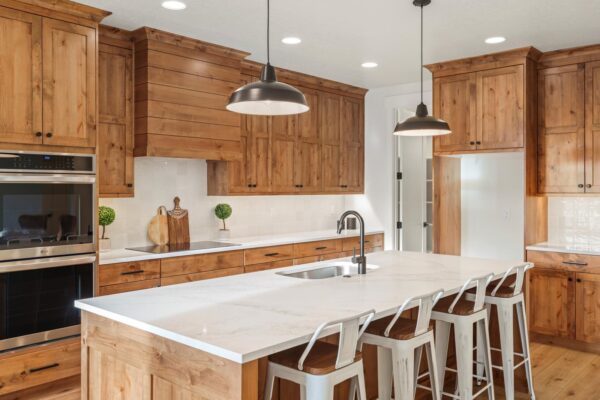 custom built kitchen with wood cabinets side view