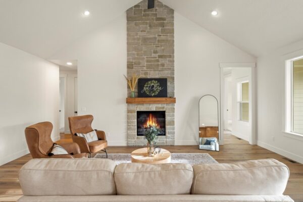 custom built living room with fireplace front view