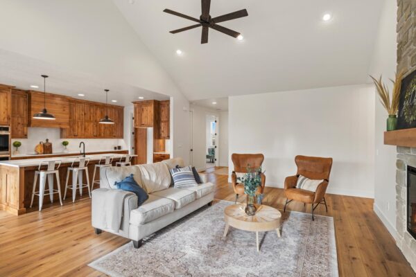 kitchen and living room corner view of custom built home in Mayfield
